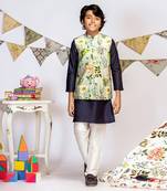 PS Kids by Payal Singhal Aqua Printed Silkmul Bandi with Navy Cotton Silk Kurta and Off white Cotton Silk Churidar