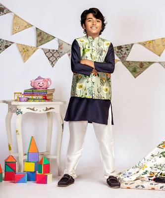 PS Kids by Payal Singhal Aqua Printed Silkmul Bandi with Navy Cotton Silk Kurta and Off white Cotton Silk Churidar 3