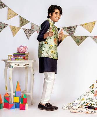 PS Kids by Payal Singhal Aqua Printed Silkmul Bandi with Navy Cotton Silk Kurta and Off white Cotton Silk Churidar 4