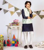 PS Kids by Payal Singhal Blue Printed Silkmul Bandi with Navy Cotton Silk Kurta and Off white Cotton Silk Churidar