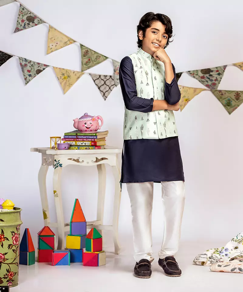 Blue Printed Silkmul Bandi with Navy Cotton Silk Kurta and Off white Cotton Silk Churidar