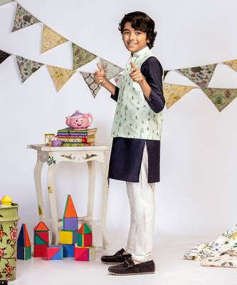 PS Kids by Payal Singhal Blue Printed Silkmul Bandi with Navy Cotton Silk Kurta and Off white Cotton Silk Churidar 2