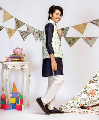 PS Kids by Payal Singhal Blue Printed Silkmul Bandi with Navy Cotton Silk Kurta and Off white Cotton Silk Churidar 3
