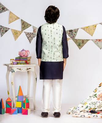 PS Kids by Payal Singhal Blue Printed Silkmul Bandi with Navy Cotton Silk Kurta and Off white Cotton Silk Churidar 4