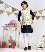 Powder Blue Printed Silkmul Bandi with Navy Cotton Silk Kurta and Off white Cotton Silk Churidar