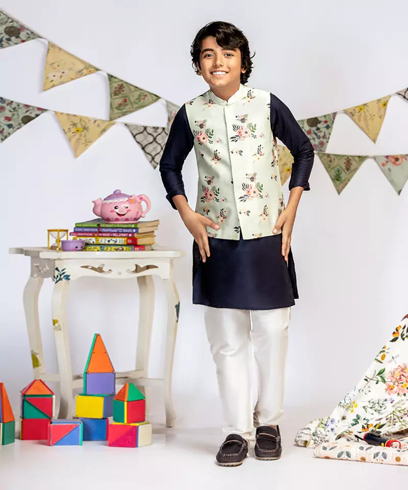 Powder Blue Printed Silkmul Bandi with Navy Cotton Silk Kurta and Off white Cotton Silk Churidar