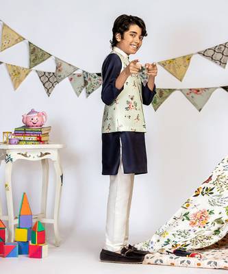 Powder Blue Printed Silkmul Bandi with Navy Cotton Silk Kurta and Off white Cotton Silk Churidar 3