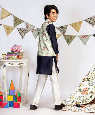 Powder Blue Printed Silkmul Bandi with Navy Cotton Silk Kurta and Off white Cotton Silk Churidar 4