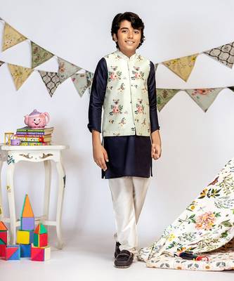 Powder Blue Printed Silkmul Bandi with Navy Cotton Silk Kurta and Off white Cotton Silk Churidar 1