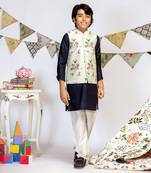 Powder Blue Printed Silkmul Bandi with Navy Cotton Silk Kurta and Off white Cotton Silk Churidar