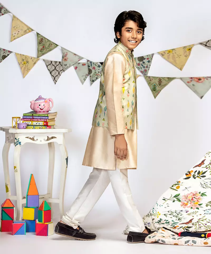 Green Printed Silkmul Bandi with Stone Cotton Silk Kurta and Off white Cotton Silk Churidar