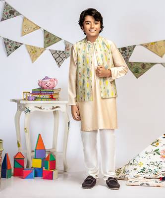 PS Kids by Payal Singhal Green Printed Silkmul Bandi with Stone Cotton Silk Kurta and Off white Cotton Silk Churidar 1