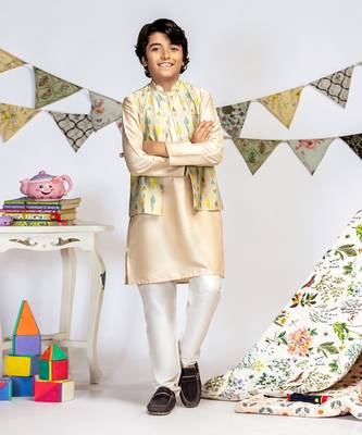 PS Kids by Payal Singhal Green Printed Silkmul Bandi with Stone Cotton Silk Kurta and Off white Cotton Silk Churidar 3