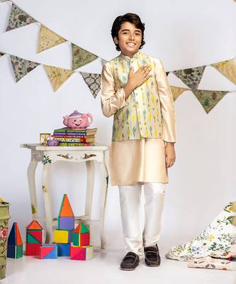 PS Kids by Payal Singhal Green Printed Silkmul Bandi with Stone Cotton Silk Kurta and Off white Cotton Silk Churidar 4