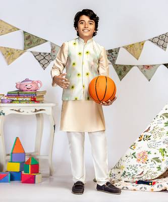 PS Kids by Payal Singhal Grey Printed Silkmul Bandi with Stone Cotton Silk Kurta and Off white Cotton Silk Churidar 1