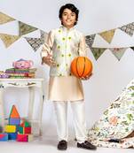 PS Kids by Payal Singhal Grey Printed Silkmul Bandi with Stone Cotton Silk Kurta and Off white Cotton Silk Churidar