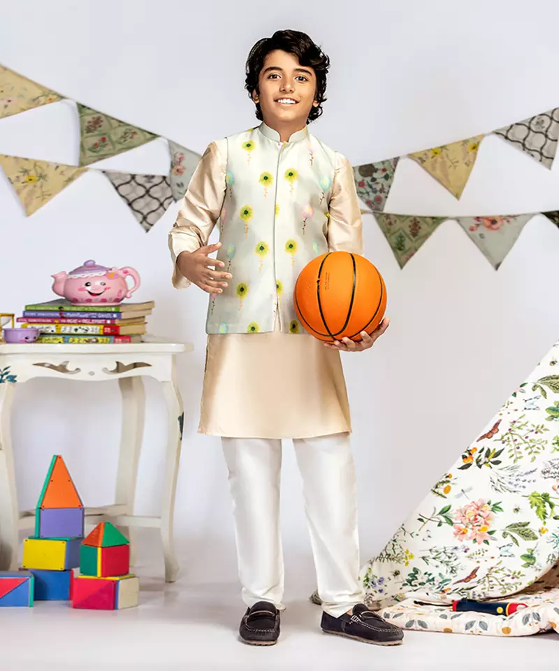 Grey Printed Silkmul Bandi with Stone Cotton Silk Kurta and Off white Cotton Silk Churidar