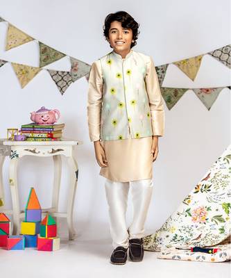 PS Kids by Payal Singhal Grey Printed Silkmul Bandi with Stone Cotton Silk Kurta and Off white Cotton Silk Churidar 2