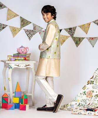 PS Kids by Payal Singhal Grey Printed Silkmul Bandi with Stone Cotton Silk Kurta and Off white Cotton Silk Churidar 3