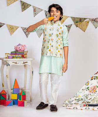 PS Kids by Payal Singhal Cream Printed Silkmul Bandi with Aqua Cotton Silk Kurta and Off white Cotton Silk Churidar 1