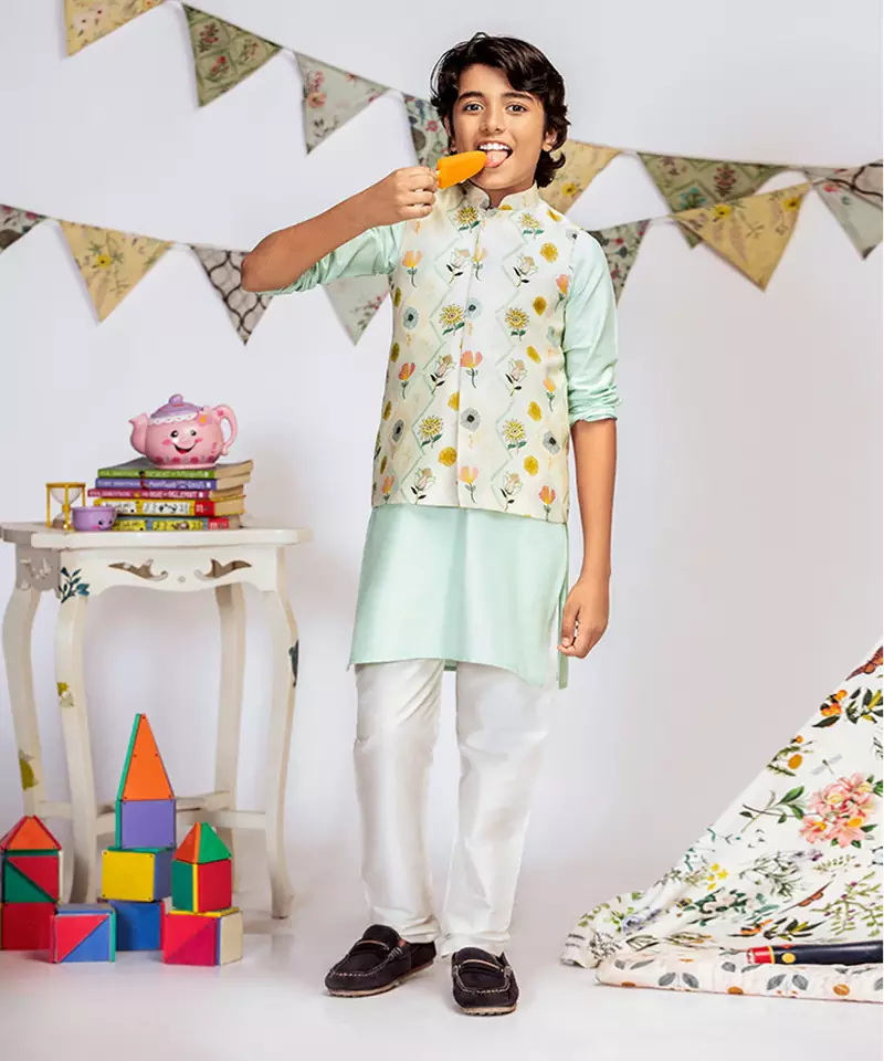 Cream Printed Silkmul Bandi with Aqua Cotton Silk Kurta and Off white Cotton Silk Churidar