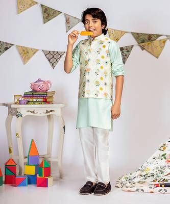 PS Kids by Payal Singhal Cream Printed Silkmul Bandi with Aqua Cotton Silk Kurta and Off white Cotton Silk Churidar 2