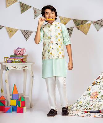 PS Kids by Payal Singhal Cream Printed Silkmul Bandi with Aqua Cotton Silk Kurta and Off white Cotton Silk Churidar 3