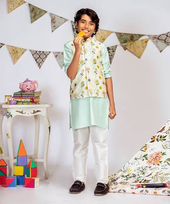 PS Kids by Payal Singhal Cream Printed Silkmul Bandi with Aqua Cotton Silk Kurta and Off white Cotton Silk Churidar 4