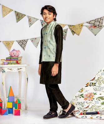 PS Kids by Payal Singhal Green Printed Silkmul Bandi with Black Cotton Silk Kurta and Black Cotton Silk Churidar 2