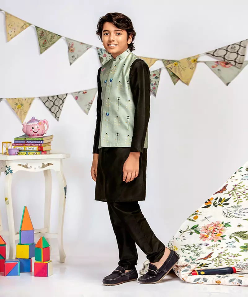 Green Printed Silkmul Bandi with Black Cotton Silk Kurta and Black Cotton Silk Churidar