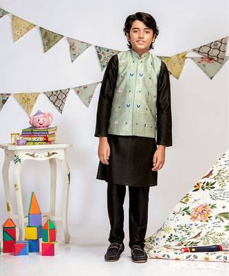 PS Kids by Payal Singhal Green Printed Silkmul Bandi with Black Cotton Silk Kurta and Black Cotton Silk Churidar 1