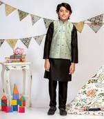 PS Kids by Payal Singhal Green Printed Silkmul Bandi with Black Cotton Silk Kurta and Black Cotton Silk Churidar