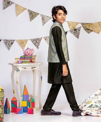 PS Kids by Payal Singhal Green Printed Silkmul Bandi with Black Cotton Silk Kurta and Black Cotton Silk Churidar 4