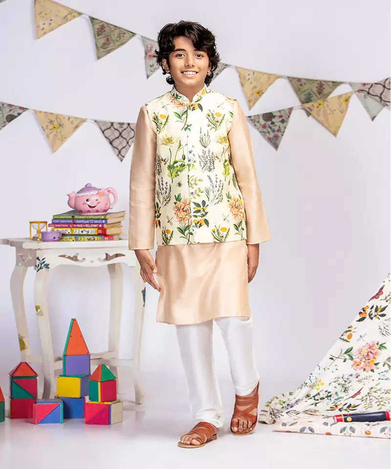 Ivory Printed Silkmul Bandi with Blush Cotton Silk Kurta and Off white Cotton Silk Churidar