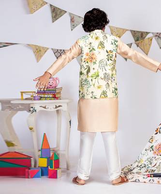 PS Kids by Payal Singhal Ivory Printed Silkmul Bandi with Blush Cotton Silk Kurta and Off white Cotton Silk Churidar 2