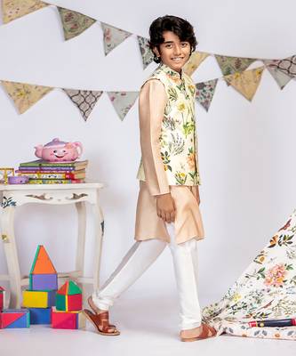 PS Kids by Payal Singhal Ivory Printed Silkmul Bandi with Blush Cotton Silk Kurta and Off white Cotton Silk Churidar 3