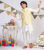 Yellow Printed Silkmul Bandi with Off white Cotton Silk Kurta and Off white Cotton Silk Churidar