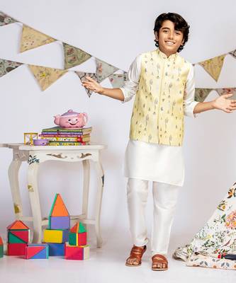Yellow Printed Silkmul Bandi with Off white Cotton Silk Kurta and Off white Cotton Silk Churidar 1