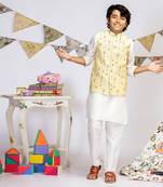 Yellow Printed Silkmul Bandi with Off white Cotton Silk Kurta and Off white Cotton Silk Churidar