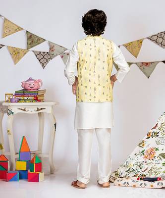 Yellow Printed Silkmul Bandi with Off white Cotton Silk Kurta and Off white Cotton Silk Churidar 3