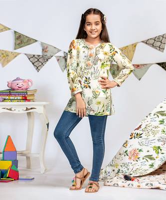 PS Kids by Payal Singhal Ivory Printed Silkmul Tunic 1