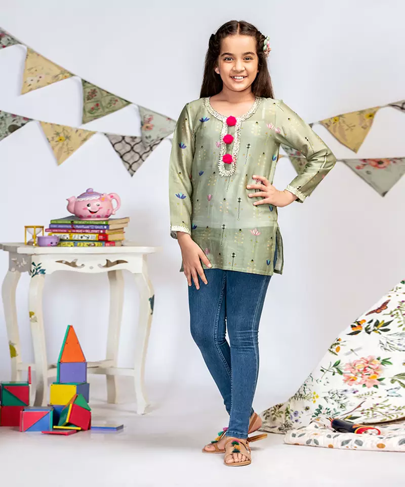 Green Printed Silkmul Tunic