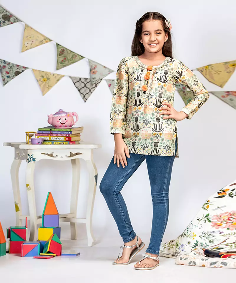 Cream Printed Silkmul Tunic