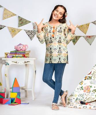 PS Kids by Payal Singhal Cream Printed Silkmul Tunic 2