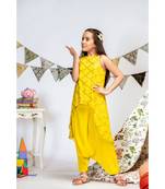 Yellow Mukaish Georgette High-Low Tunic with Crepe Low Crotch Pant