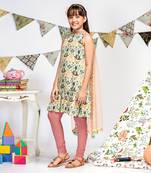 Cream Printed Crepe Kurta with Rose Pink Soft Net Churidar and Net Dupatta