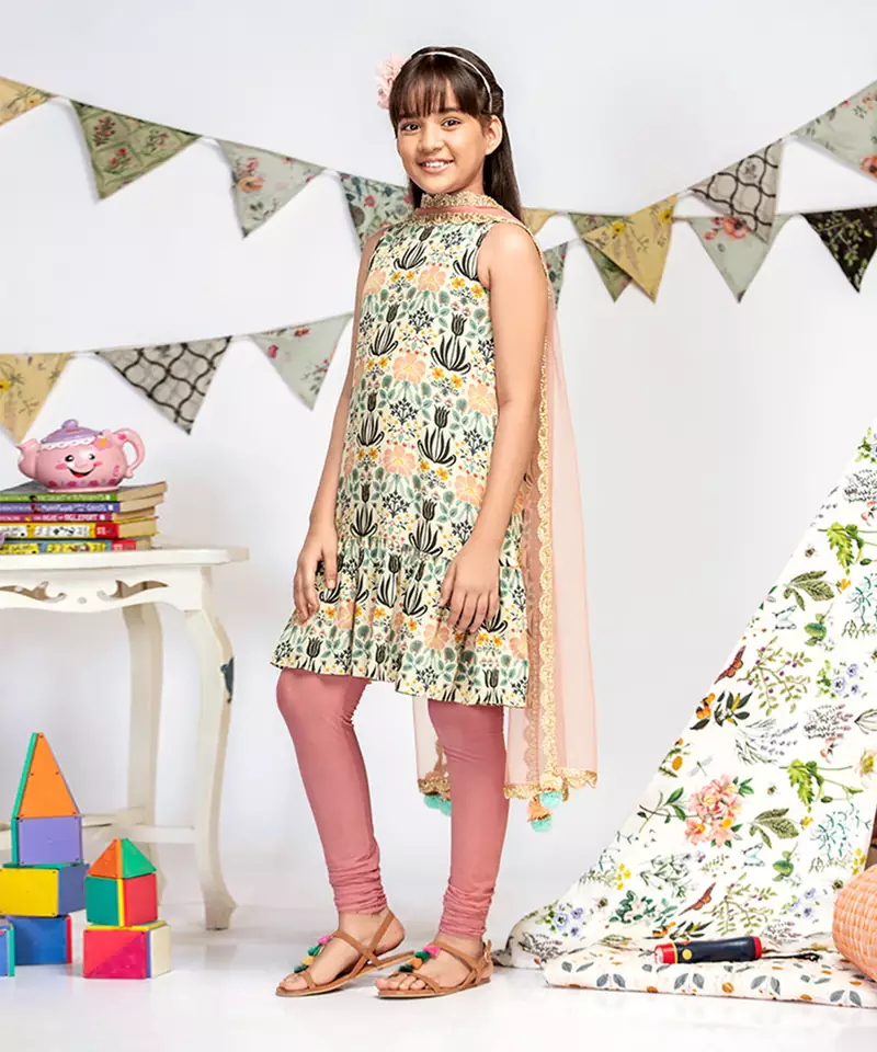 Cream Printed Crepe Kurta with Rose Pink Soft Net Churidar and Net Dupatta