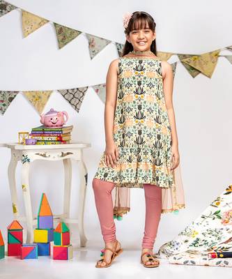 PS Kids by Payal Singhal Cream Printed Crepe Kurta with Rose Pink Soft Net Churidar and Net Dupatta 3