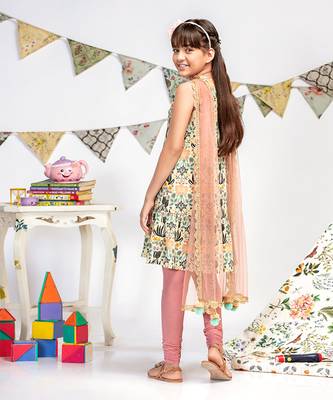 PS Kids by Payal Singhal Cream Printed Crepe Kurta with Rose Pink Soft Net Churidar and Net Dupatta 4