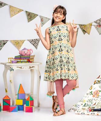 PS Kids by Payal Singhal Cream Printed Crepe Kurta with Rose Pink Soft Net Churidar and Net Dupatta 1